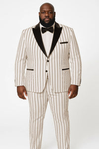 Mens White and Black Pinstripe Tuxedo with Velvet Shawl Lapel and Matching Bow Tie
