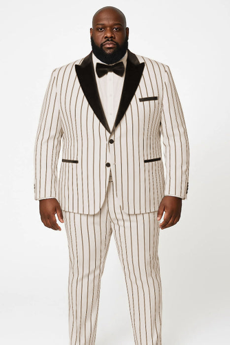 Mens White and Black Pinstripe Tuxedo with Velvet Shawl Lapel and Matching Bow Tie