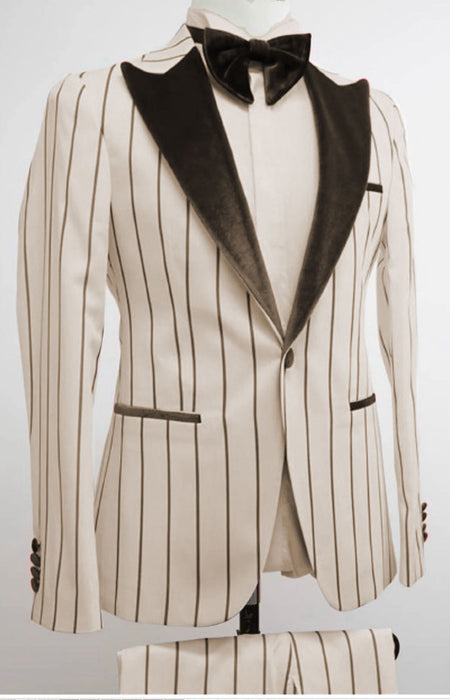 Mens White and Black Pinstripe Tuxedo with Velvet Shawl Lapel and Matching Bow Tie