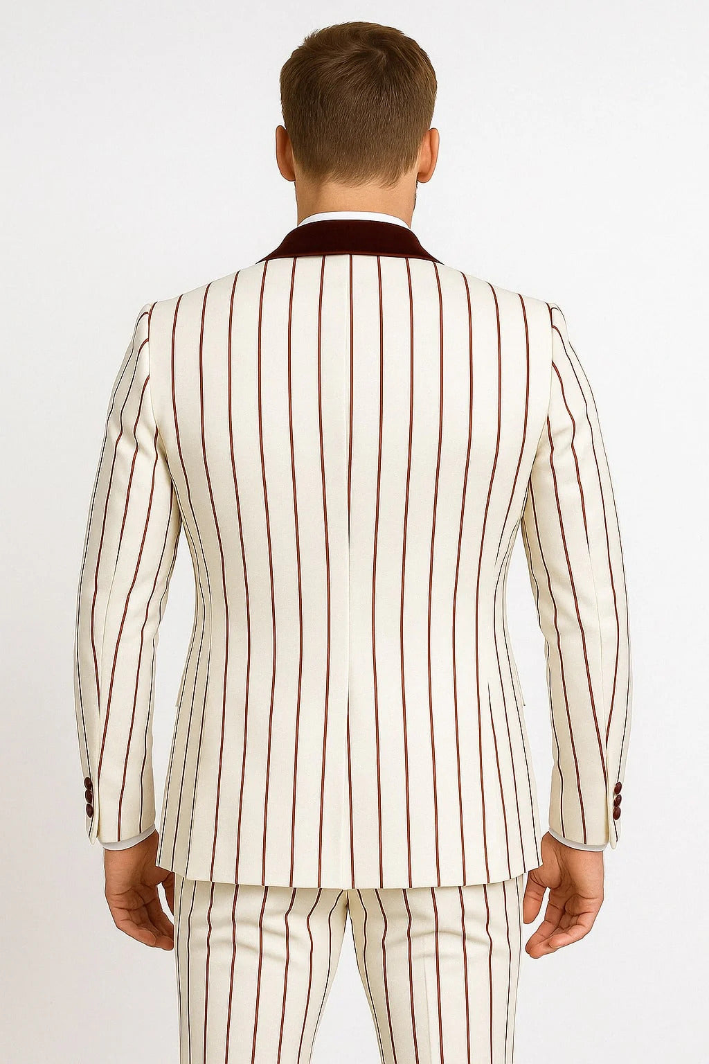 Mens White and Black Pinstripe Tuxedo with Velvet Shawl Lapel and Matching Bow Tie