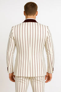 Mens White and Black Pinstripe Tuxedo with Velvet Shawl Lapel and Matching Bow Tie