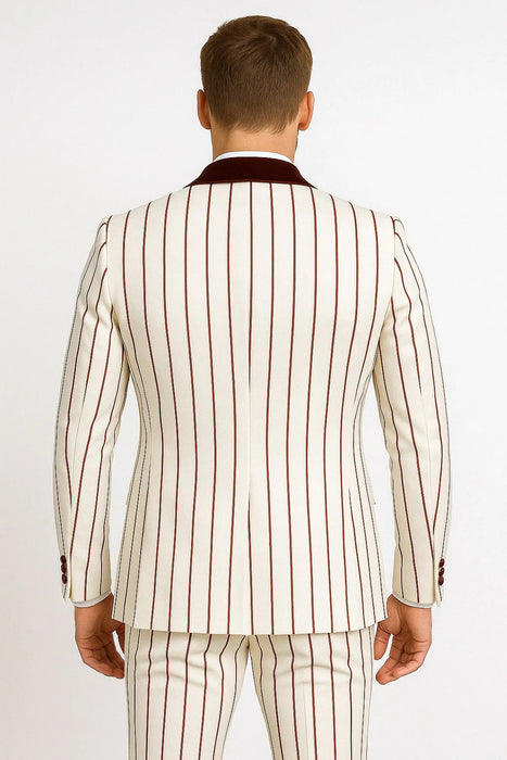 Mens White and Black Pinstripe Tuxedo with Velvet Shawl Lapel and Matching Bow Tie