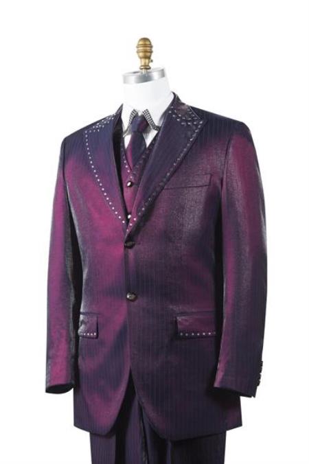 Men's Wine Sharkskin Rhinestone 3 Piece Entertainer Suit