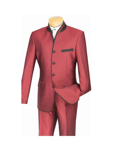 Men's Wine Four Button Banded Collar Slim Fit Suit