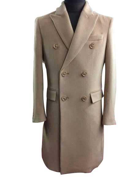 Men's Wool and Cashmere Double Breasted Long Overcoat Beige ~ Camel Three Quarter Winter Men's Topcoat Sale