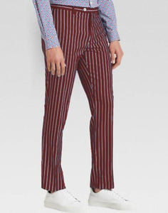 Men’s slacks Burgundy Ganagster Chalk Striped ~ Pinstripe 1920's Style Flat Front or Pleated Pants Available In Big And Tall unhemmed unfinished bottom