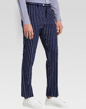 Men’s slacks Dark Navy Blue Ganagster Chalk Striped ~ Pinstripe 1920's Style Flat Front or Pleated Pants Available In Big And Tall unhemmed unfinished bottom