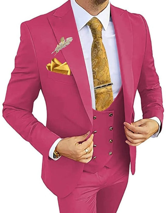 Mens One Button Peak Lapel Vested Wedding Suit with Gold Buttons in Rose Gold