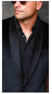 Mens Black Velvet Blazer - With Black Sparkeleting Lapel