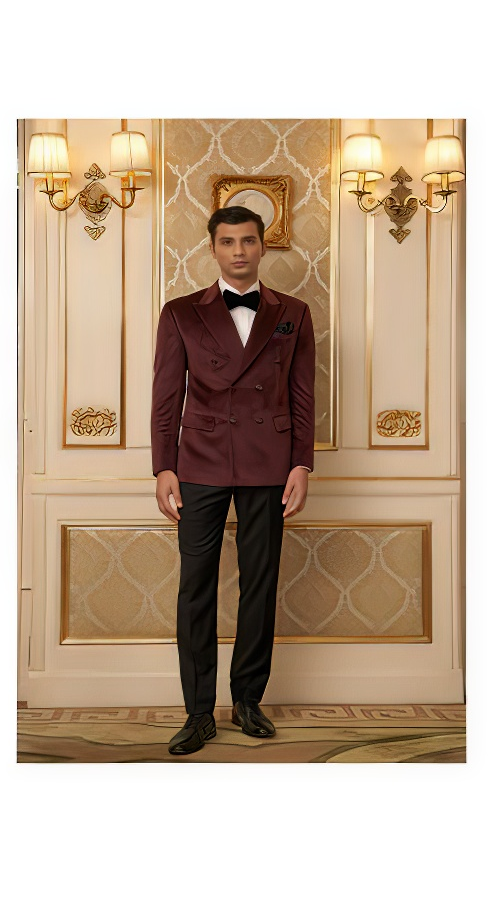 Man wearing a burgundy velvet double-breasted blazer with black lapels
