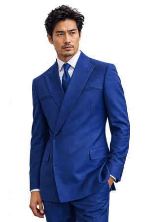 Mens Double Breasted Suit with a Unique 1-Button Closure and a Bold Peak Lapel, Flat Front Pants, Modern Fit in Sapphire By Statement in 100% Wool Fabric