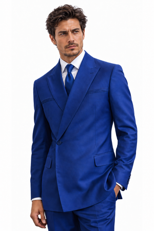 Mens Double Breasted Suit with a Unique 1-Button Closure and a Bold Peak Lapel, Flat Front Pants, Modern Fit in Sapphire By Statement in 100% Wool Fabric