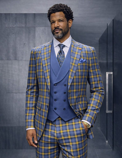 Statement - Men’s Blue and Gold Windowpane Plaid 3 Piece Wool Suit with Double Breasted Vest Modern Fit