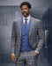 Men’s Blue and Gold Windowpane Plaid 3 Piece Wool Suit with Double Breasted Vest
