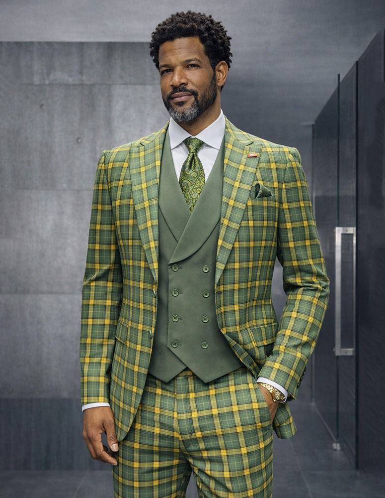 Statement - Men’s Blue and Gold Windowpane Plaid 3 Piece Wool Suit with Double Breasted Vest Modern Fit