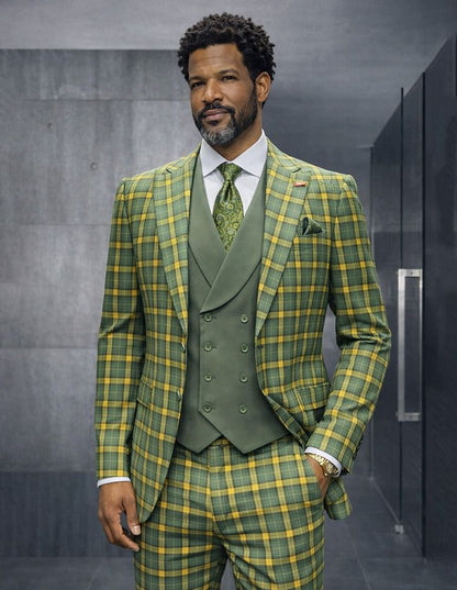 Statement - Men’s Blue and Gold Windowpane Plaid 3 Piece Wool Suit with Double Breasted Vest Modern Fit