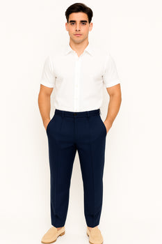 Mens Pleated Dress Pants Navy Blue Wide Leg Slacks Pleated Baggy Dress Trousers Unhemmed Unfinished Bottom