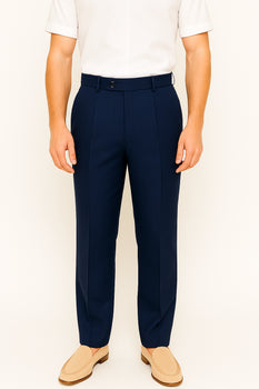 Mens Pleated Dress Pants Navy Blue Wide Leg Slacks Pleated Baggy Dress Trousers Unhemmed Unfinished Bottom
