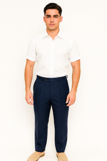 Mens Pleated Dress Pants Navy Blue Wide Leg Slacks Pleated Baggy Dress Trousers Unhemmed Unfinished Bottom