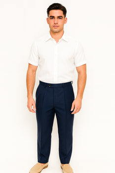 Mens Pleated Dress Pants Navy Blue Wide Leg Slacks Pleated Baggy Dress Trousers Unhemmed Unfinished Bottom