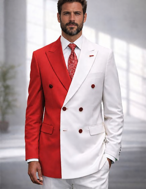 Mens Red and White Suits  Double Breasted Suit - Real Wool Fabric By Statement Modern Fit