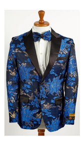 Mens Royal Blue and Gold 2 Button Foil Paisley Tuxedo Blazer