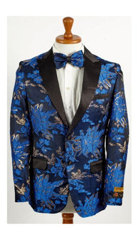 Mens Royal Blue and Gold 2 Button Foil Paisley Tuxedo Blazer