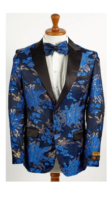 Mens Royal Blue and Gold 2 Button Foil Paisley Tuxedo Blazer