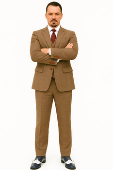 Mens Two Button Notch Label Tweed Suit Brown Herringbone