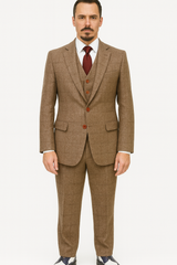 Mens Two Button Notch Label Tweed Suit Brown Herringbone