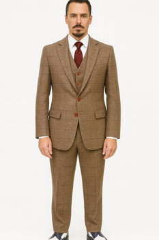 Mens Two Button Notch Label Tweed Suit Brown Herringbone