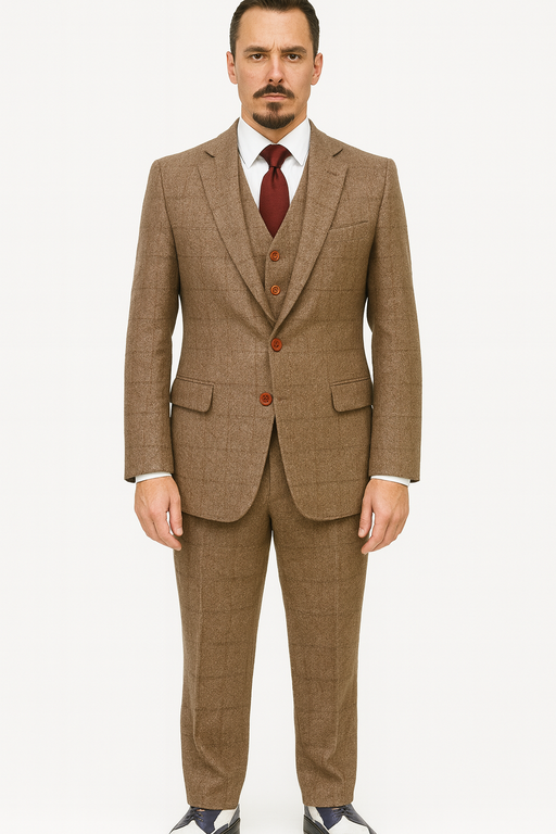 Mens Two Button Notch Label Tweed Suit Brown Herringbone