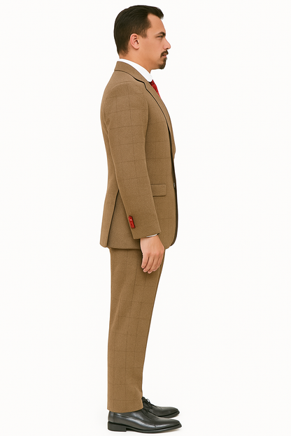 Mens Two Button Notch Label Tweed Suit Brown Herringbone
