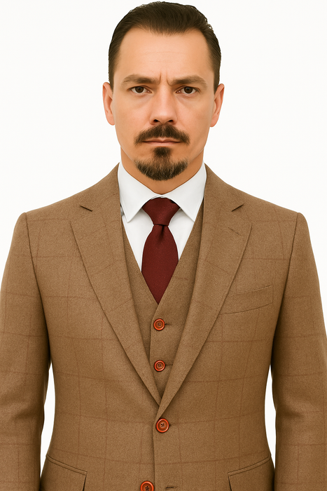 Mens Two Button Notch Label Tweed Suit Brown Herringbone