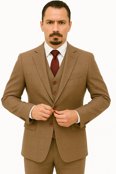 Mens Two Button Notch Label Tweed Suit Brown Herringbone
