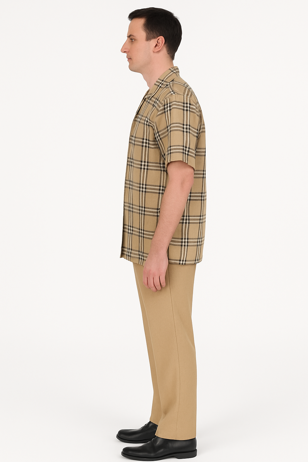 Men’s Beige Checkered Casual Shirt – Short Sleeve Comfort Fit