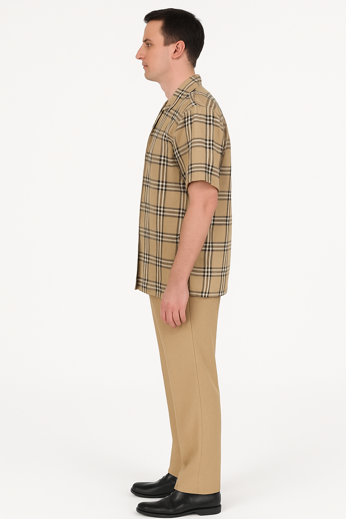 Men’s Beige Checkered Casual Shirt – Short Sleeve Comfort Fit