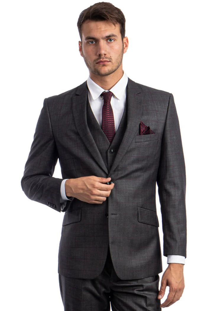 Mens Zegarie Brand Men's 100% Wool Vested Suit in Charcoal Grey & Burgundy Windowpane Plaid Modern Fit