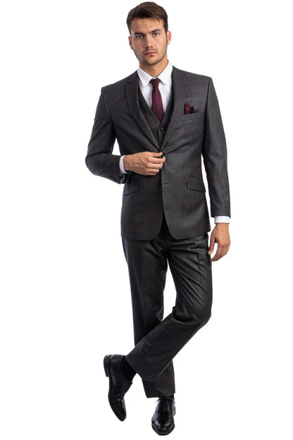 Mens Zegarie Brand Men's 100% Wool Vested Suit in Charcoal Grey & Burgundy Windowpane Plaid Modern Fit