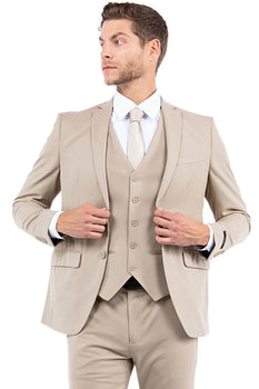 Mens Zegarie Brand Men's One Button Vested Slim Fit Business & Wedding Suit in Tan