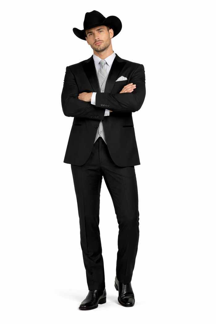 Mens 1 Button Peak Lapel in Grey Cowboy Suit - Country Wedding Suits Modern Fit
