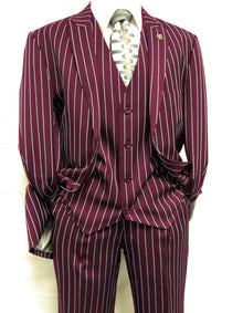 Mens 2 Button Gangster Pinstripe Suit in BLACK / GREY / BURGUNDY