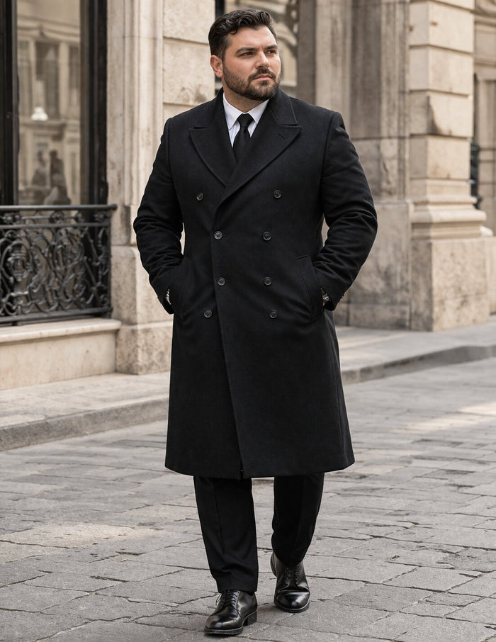 Mens Black James Bond Outfit Spectre Peak Lapel Double Breasted Bridge Long Coat