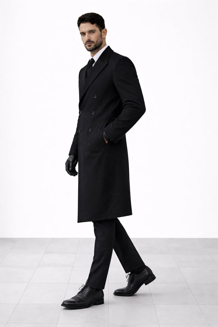 Mens Black James Bond Outfit Spectre Peak Lapel Double Breasted Bridge Long Coat