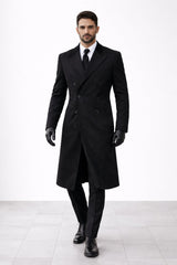 Mens Black James Bond Outfit Spectre Peak Lapel Double Breasted Bridge Long Coat