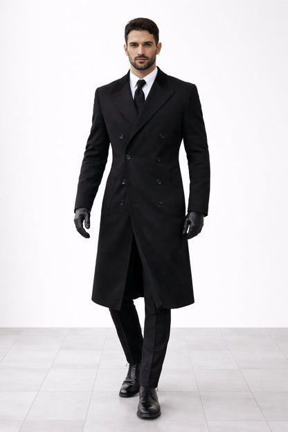 Mens Black James Bond Outfit Spectre Peak Lapel Double Breasted Bridge Long Coat