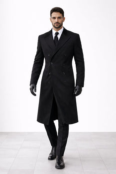 Mens Black James Bond Outfit Spectre Peak Lapel Double Breasted Bridge Long Coat
