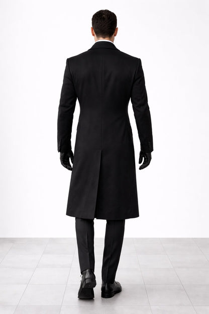 Mens Black James Bond Outfit Spectre Peak Lapel Double Breasted Bridge Long Coat