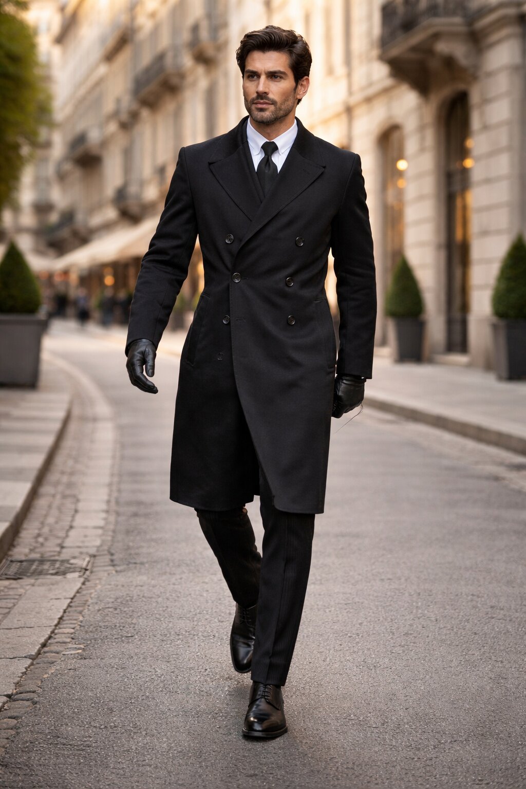 Mens Black James Bond Outfit Spectre Peak Lapel Double Breasted Bridge Long Coat