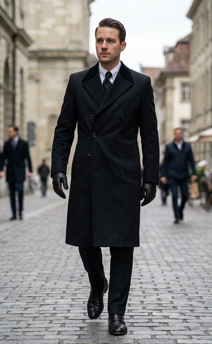 Mens Black James Bond Outfit Spectre Peak Lapel Double Breasted Bridge Long Coat